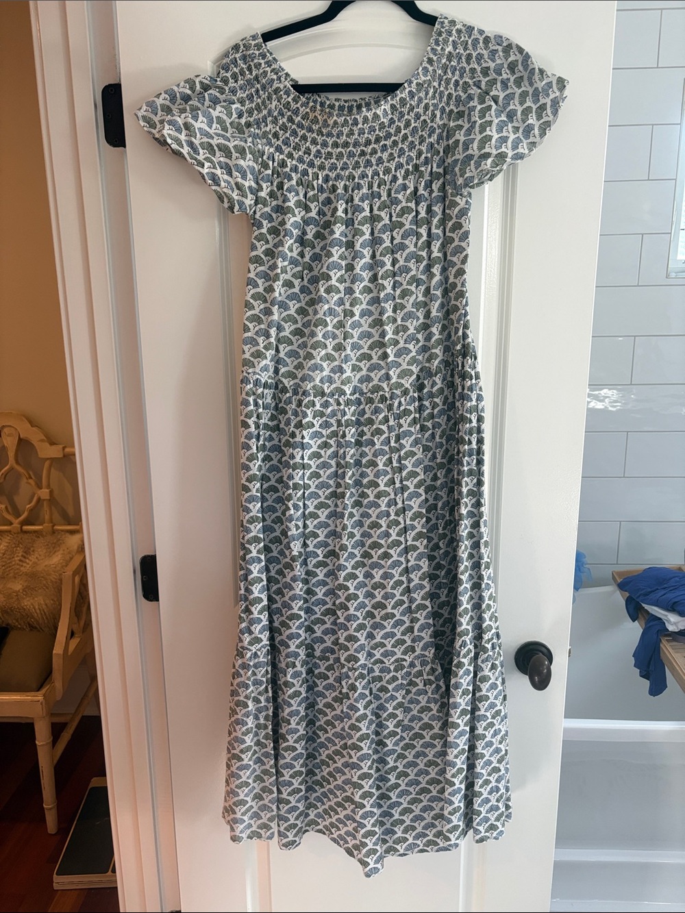 Smocked Flutter-Sleeve Midi Dress in Blue Scallop Print